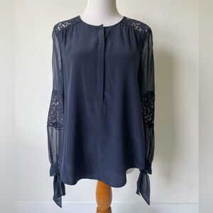 Rebecca Taylor Navy Blue Lace Silk Blouse 4 Long Sleeve Sheer Boho Romantic Top